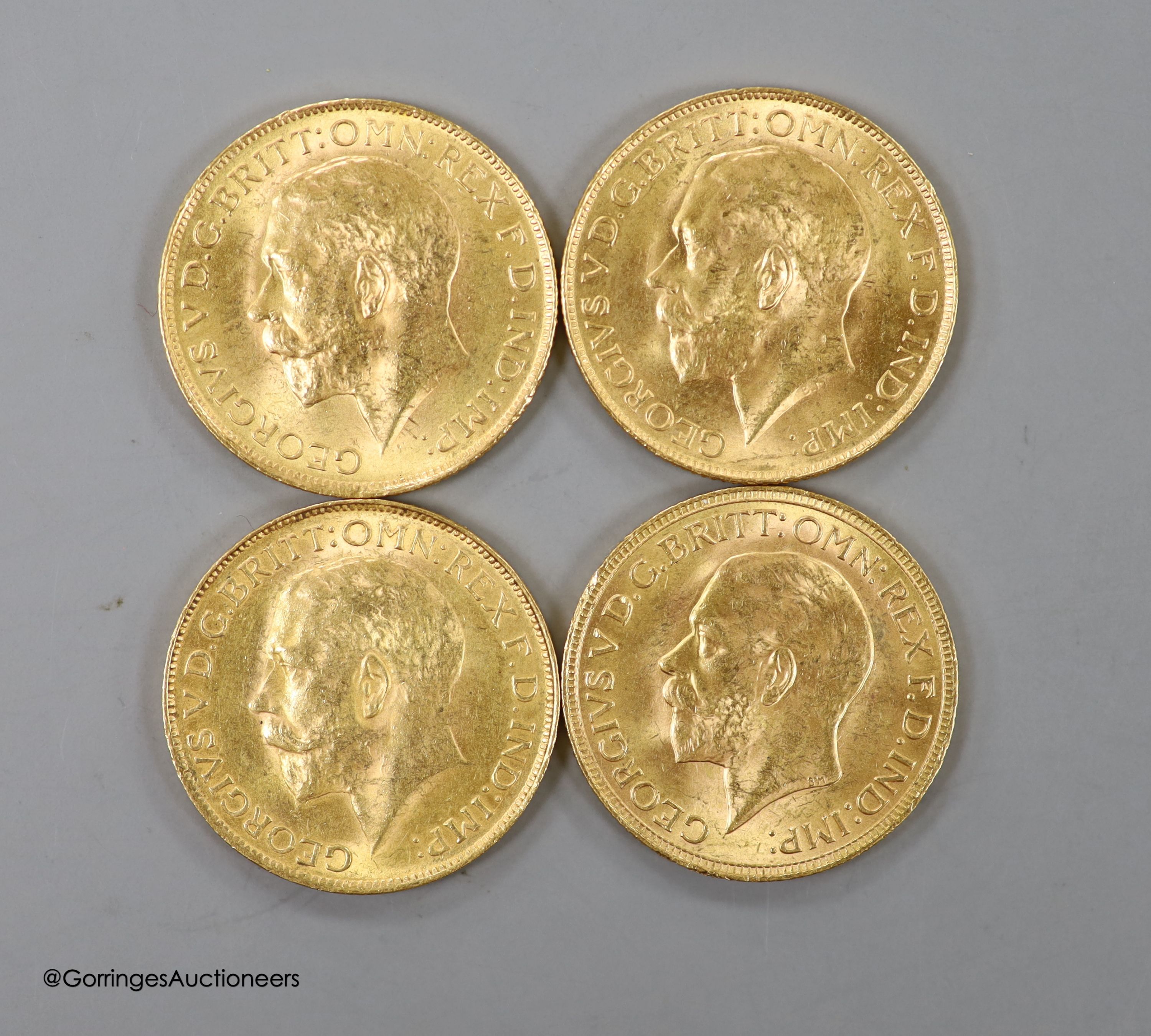 Four George V gold sovereigns, 1927, 1928 (2) and 1932 all South Africa mint